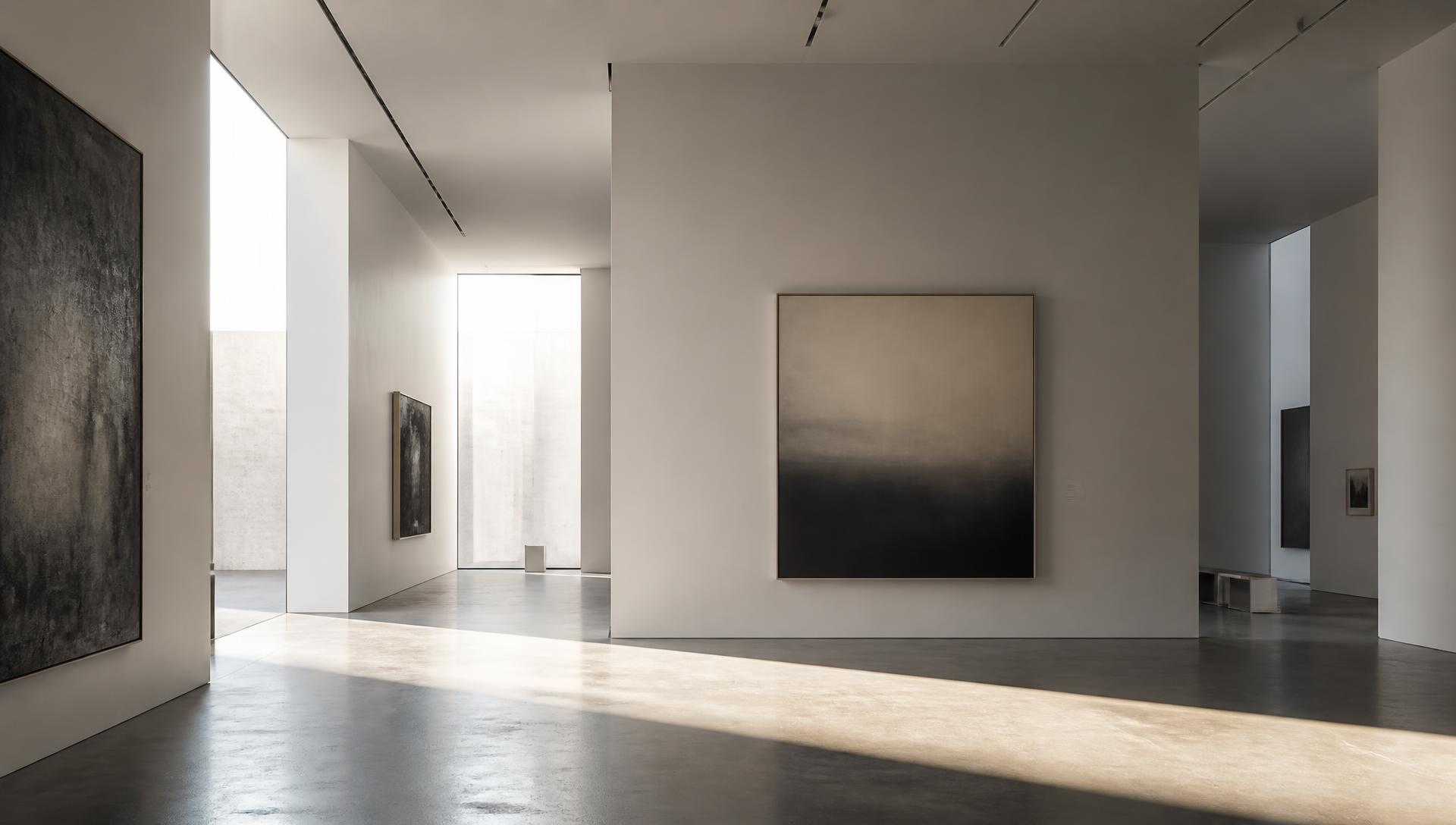 Atmospheric white cube gallery space with dramatic sunlight